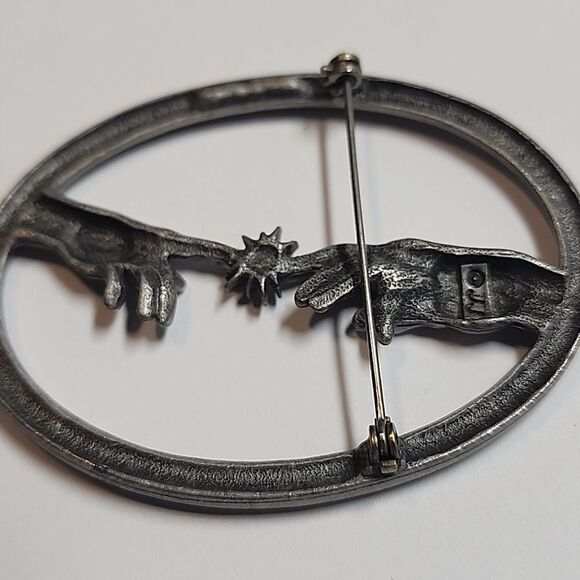 Vtg JJ Silver Tone Creation of Adam Eve Da Vinci Hand of God Oval Pin Brooch, 3" - Picture 2 of 2